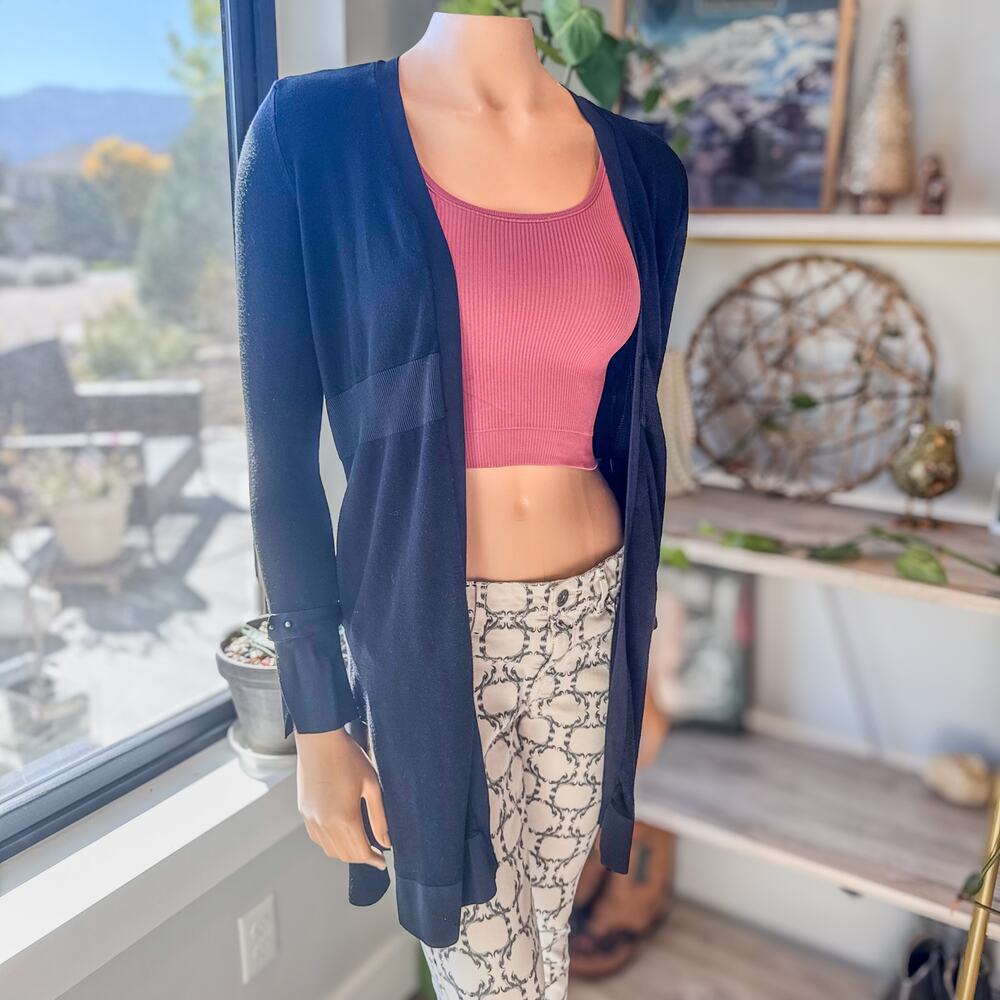 White House Black Market Classic Black Cardigan w/ Mesh Waist Accent, Women's XS